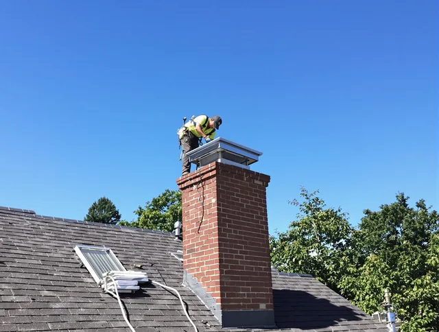 Windham Chimney Sweep technician measuring a chimney cap in Windham, CT